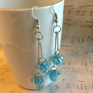 Handmade Swingy Light Blue Faceted Czech Crystal 80mm Long Twin Dangle Earrings